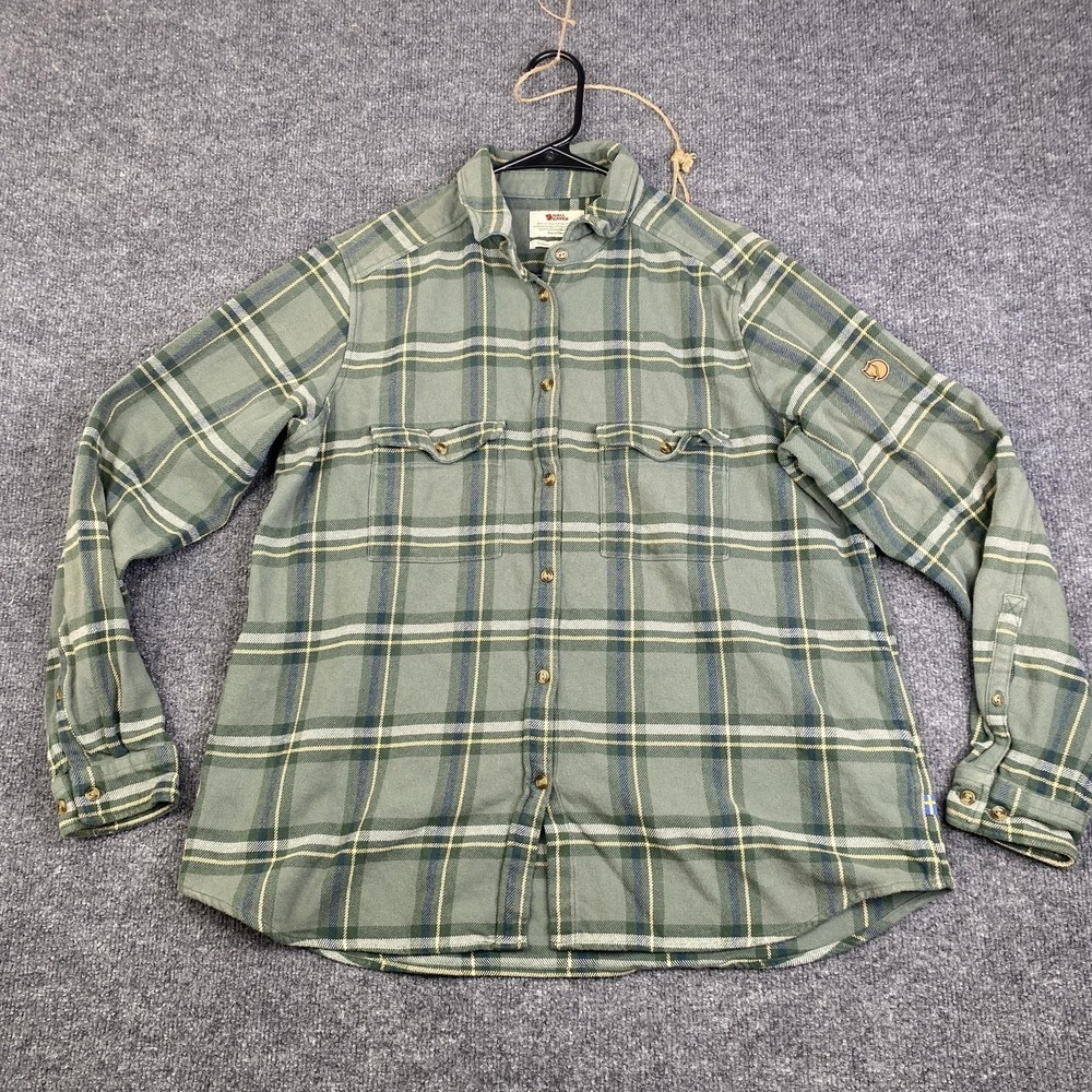 Fjallraven Ovik Heavy Flannel Shirt Womens Large Green Plaid Relaxed Fit Outdoor
